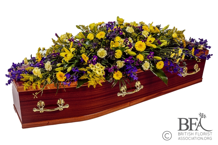 Yellow and Purple Lily & Rose Casket Spray
